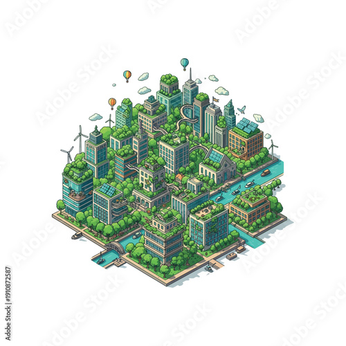 Isometric View of Sustainable City with Green Buildings.