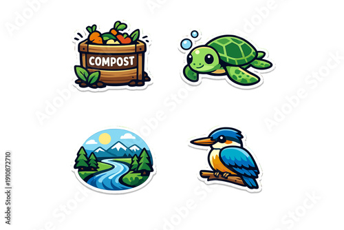 A collection of four illustrated stickers featuring a wooden compost bin with vegetables, a green sea turtle, a mountain landscape with a river, and a colorful kingfisher bird.