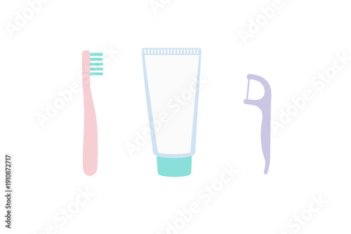 A flat illustration of dental hygiene tools including a pink toothbrush, a white tube of toothpaste with a blue cap, and a purple floss pick arranged on a black background.