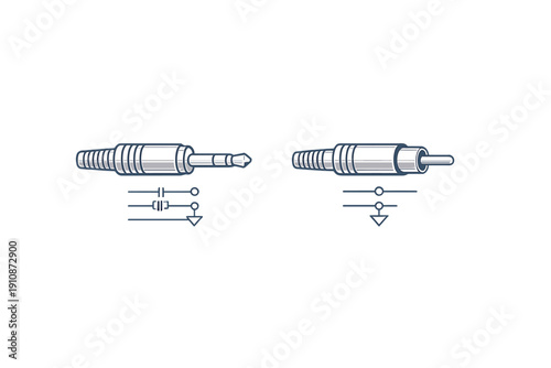 A technical illustration featuring a TRS jack and an RCA connector alongside their corresponding electronic circuit symbols, presented in a clean graphic style on a dark backdrop.