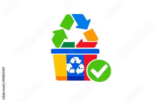 A colorful recycling bin icon featuring a large multi-colored recycling symbol above it and a green checkmark circle on the side, representing proper waste management and sustainability.
