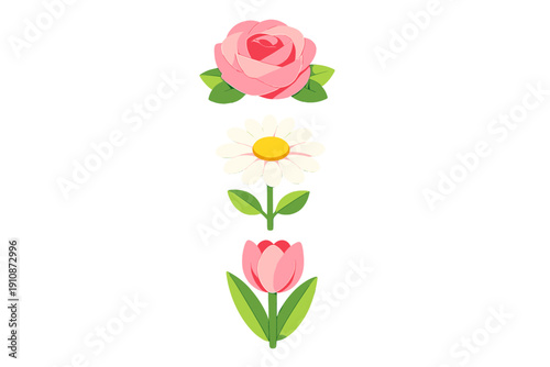 A vertical arrangement of three stylized flowers including a pink rose, a white daisy, and a pink tulip, each with green leaves and stems set against a solid black background.