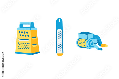A flat vector illustration of three different types of kitchen graters, including a box grater, a hand zester, and a rotary grater, all in blue and yellow colors on a black background.