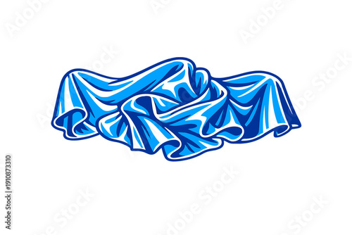 A stylized illustration of blue draped fabric with white highlights and dark shadows, set against a solid black background. The cloth features intricate folds and flowing waves.