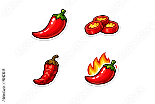 Four cartoon chili pepper stickers including a fresh whole pepper, sliced rounds, a dried wrinkled pepper, and a hot pepper with flames against a dark background.