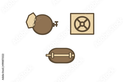 Three stylized icons of industrial hatches and a vault door are shown against a black background. The set includes a circular hatch, a square vault door, and an oval hatch.