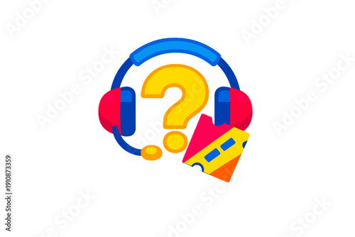 A colorful illustration featuring a blue and red headset, a large yellow question mark, and a vibrant ticket, representing customer support and help desk services for various events.