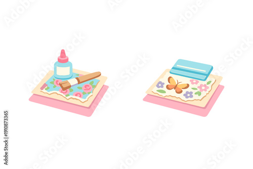 Two sets of craft materials for scrapbooking are shown. One includes glue, a brush, and rose-patterned paper, while the other features a squeegee and paper with a butterfly design.