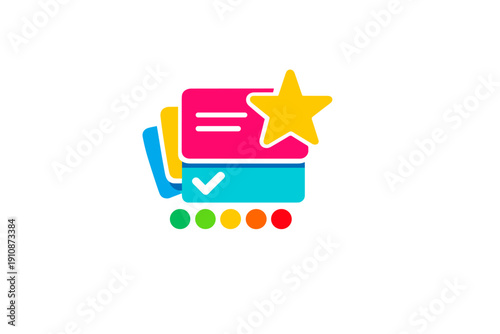 A colorful flat icon featuring stacked cards in pink, yellow, and blue, a yellow star, a checkmark, and a row of five multi-colored dots representing task management or feedback.