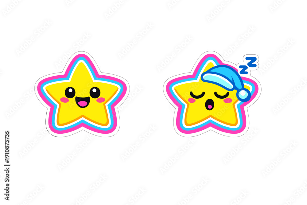 Fototapeta premium Two cute yellow cartoon stars with colorful outlines are shown on a black background. One star is smiling happily while the other is sleeping with a blue nightcap and zzz symbols.