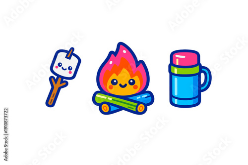 A set of three cute kawaii camping icons featuring a smiling marshmallow on a stick, a happy campfire with logs, and a blue thermos, all set against a solid black background.