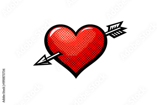 A red heart with a halftone dot pattern and white highlights is centered on a solid black background. The heart features a small black notch on its left side, creating a graphic look.