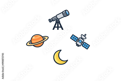A collection of four space-themed icons including a telescope, a ringed planet, a satellite, and a crescent moon, all presented in a flat vector style on a solid black background.