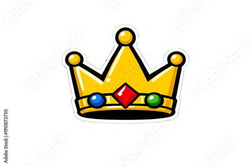 A cartoon illustration of a golden crown with three points and colorful gems. The crown features a red diamond in the center and blue and green jewels on the sides against a black background.