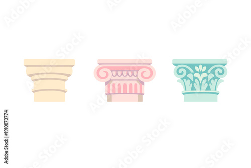 Three stylized illustrations of classical Greek column capitals in pastel colors, representing Doric, Ionic, and Corinthian architectural orders against a solid black background.