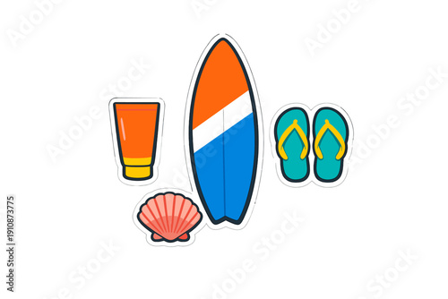 A collection of beach themed icons including an orange sunscreen tube, a colorful surfboard, a pair of teal flip flops, and a pink seashell, all presented in a flat illustration style.