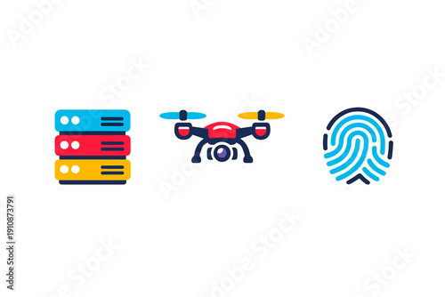 A set of three flat design stickers featuring a server rack, a surveillance drone, and a biometric fingerprint icon, all isolated against a solid black background.