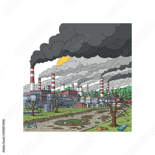 Industrial Factory with Pollution and Smoke.