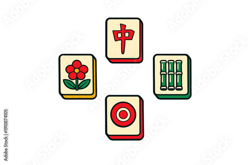 An illustration of four mahjong tiles arranged in a cross shape on a black background, featuring a red dragon, a flower, a dot, and bamboo symbols in a stylized graphic design.
