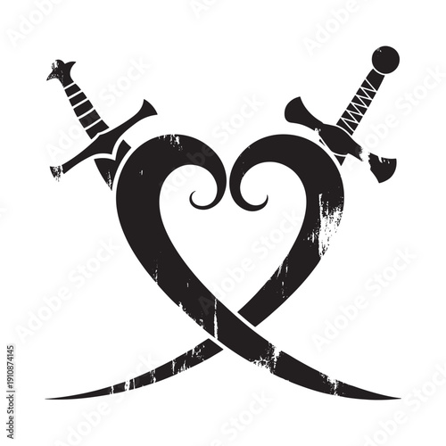 A black illustration depicts two crossed swords forming the shape of a heart symbolizing passion and conflict