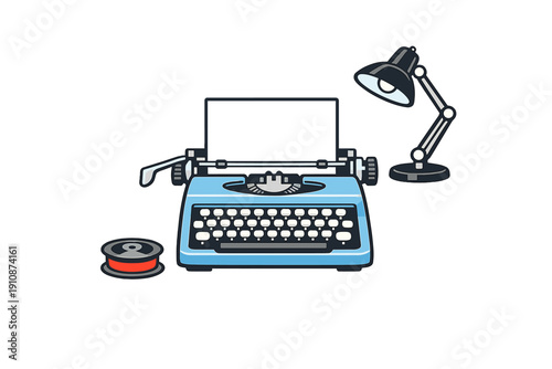 This flat illustration features a blue retro typewriter, a black desk lamp, and a red ribbon spool against a dark background. It represents classic writing and journalism.