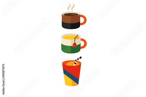 Three flat design illustrations of different beverages including hot coffee, tea with a tea bag, and a cold drink with a straw, all set against a solid black background.