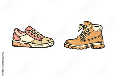 This illustration displays a colorful sneaker and a classic tan work boot side by side on a black background. The hand-drawn style highlights the textures and laces of the footwear.