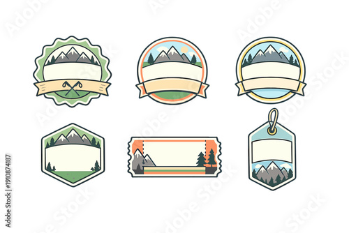 A collection of six vintage-style mountain badges and labels with blank spaces for text. The designs feature snowy peaks, pine trees, and outdoor themes in a flat illustration style.