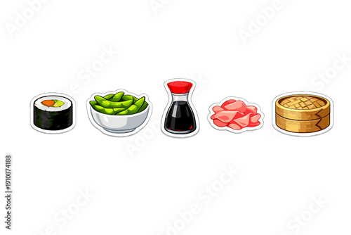 A collection of five Japanese food stickers including a sushi roll, edamame beans, soy sauce, pickled ginger, and a bamboo steamer basket isolated on a black background.
