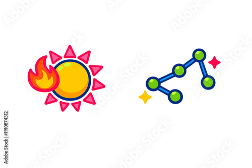 This graphic features a bright yellow sun with pink triangular rays and a flame, alongside a blue constellation with green circular points and small stars against a dark backdrop.