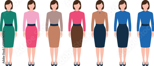 Business women outfit color variations vector illustration set with professional office dress collection isolated