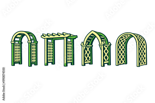 This graphic illustration features four distinct garden arbor and pergola designs with lattice patterns, presented in a green and yellow color palette on a solid black background.