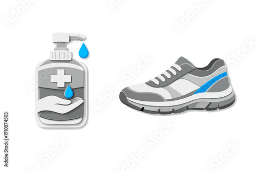 This 3D-style illustration features a hand sanitizer pump bottle with a blue droplet alongside a grey and white athletic running shoe with blue accents on a black background.