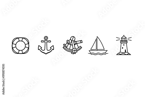 This set of five white line art icons on a black background includes a lifebuoy, anchor, sextant, sailboat, and lighthouse. Ideal for nautical, maritime, and navigation themes.
