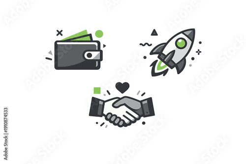 A flat vector illustration featuring three icons: a wallet with money, a launching rocket ship, and a handshake with a heart, all set against a solid black background.