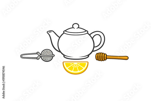 A white teapot is surrounded by a tea infuser, a honey dipper, and a slice of lemon. This vector illustration features clean outlines on a solid black background for a modern look.