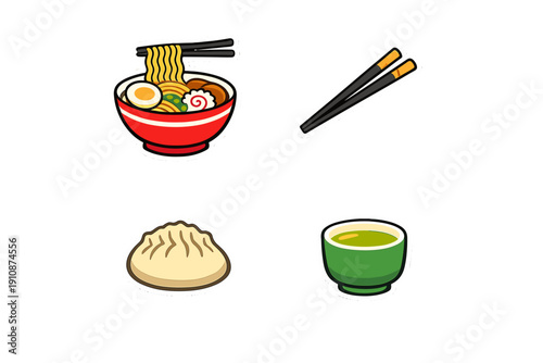 A collection of four Japanese food stickers featuring a bowl of ramen with chopsticks, a separate pair of chopsticks, a steamed dumpling, and a cup of green tea on a black background.