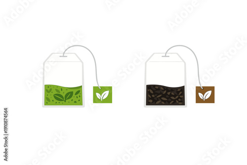 A vector illustration of two tea bags on a black background. One bag is filled with green tea leaves and the other with black tea. Both include a string and a tag with a leaf logo.