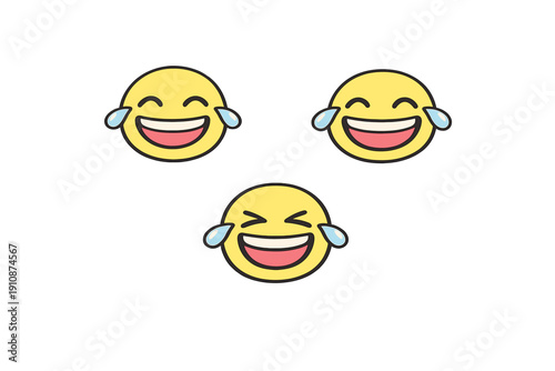 Three yellow laughing face emojis with tears of joy are displayed on a solid black background. The icons feature wide open mouths and blue teardrops on both sides of their faces.