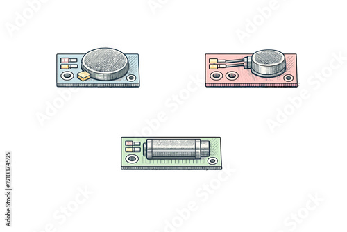 A collection of three hand-drawn electronic modules on colorful circuit boards. The set features various components like a battery and a capacitor against a dark background.