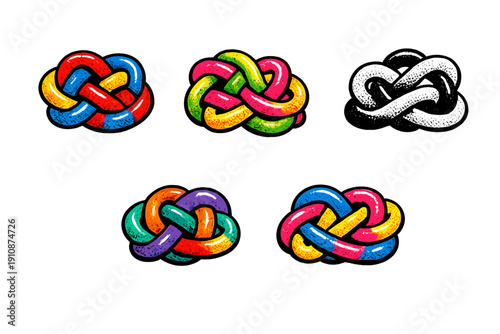 Five colorful abstract knotted tube illustrations are arranged on a black background. Each knot features a unique combination of vibrant colors and a textured, stippled finish.