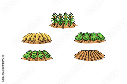 This set of five illustrations depicts different agricultural crops including corn, wheat, and cabbage growing in tilled soil mounds, along with a patch of empty plowed earth.