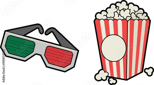 Cinema popcorn bucket with 3D glasses vector, movie theater snack and entertainment icon