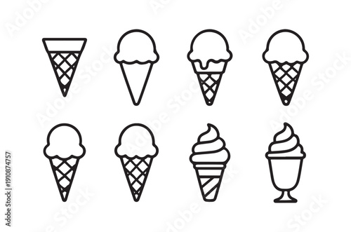 A collection of simple black and white line drawings depicting various ice cream and cone shapes