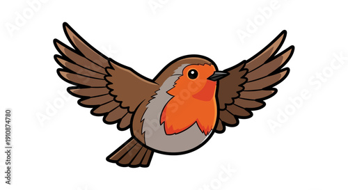 Charming European Robin in Mid Flight Cartoon Style Illustration Perfect for Nature and Wildlife Projects