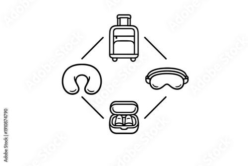 A collection of four travel-related icons including a suitcase, a neck pillow, a sleep mask, and earplugs in a case, arranged in a diamond pattern on a black background.
