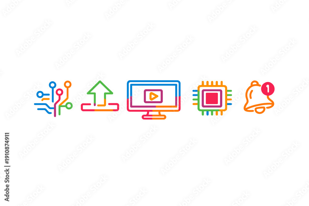 Fototapeta premium A set of five vibrant, multi-colored technology icons including a circuit, upload arrow, video monitor, computer chip, and notification bell, all set against a solid black background.