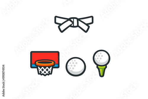 A collection of sports icons featuring a white martial arts belt, a basketball hoop with a red backboard, and two golf balls, one resting on a green tee, set against a black background.