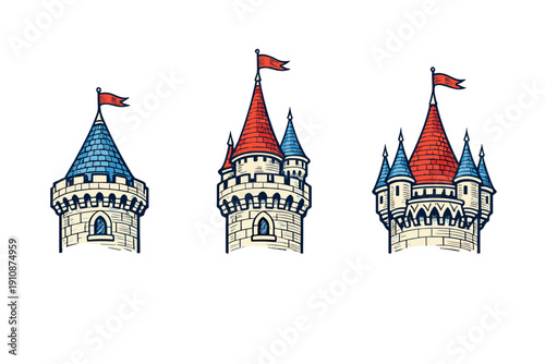 Three vintage-style castle tower icons featuring red and blue roofs with flags. The illustrations show stone textures and battlements against a solid black background in a graphic art style.