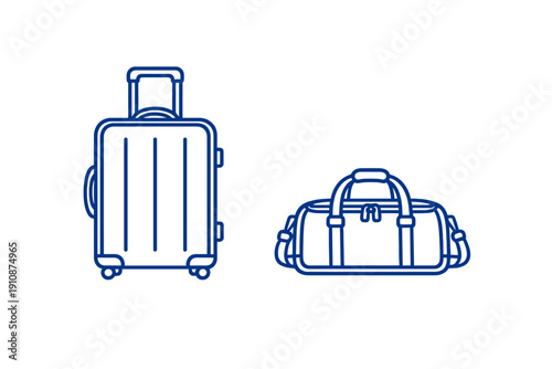 A blue line art illustration featuring a rolling suitcase with a handle and a duffel bag with straps, both depicted in a minimalist style against a solid black background.